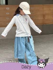 DAZY HELLO KITTY AND FRIENDS | SHEIN 少女卡通刺绣针织翻领长袖T恤，秋季 - 藍白色 - 查看 2