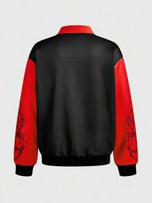 ROMWE MEN Anime 男式深色链条恶魔印花 Polo 领长袖休闲 T 恤 - 黑色 - 查看 2