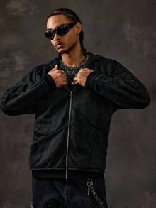 Grunge Punk 男士纯色连帽休闲长袖运动衫，秋季 - 黑色 - 查看 4