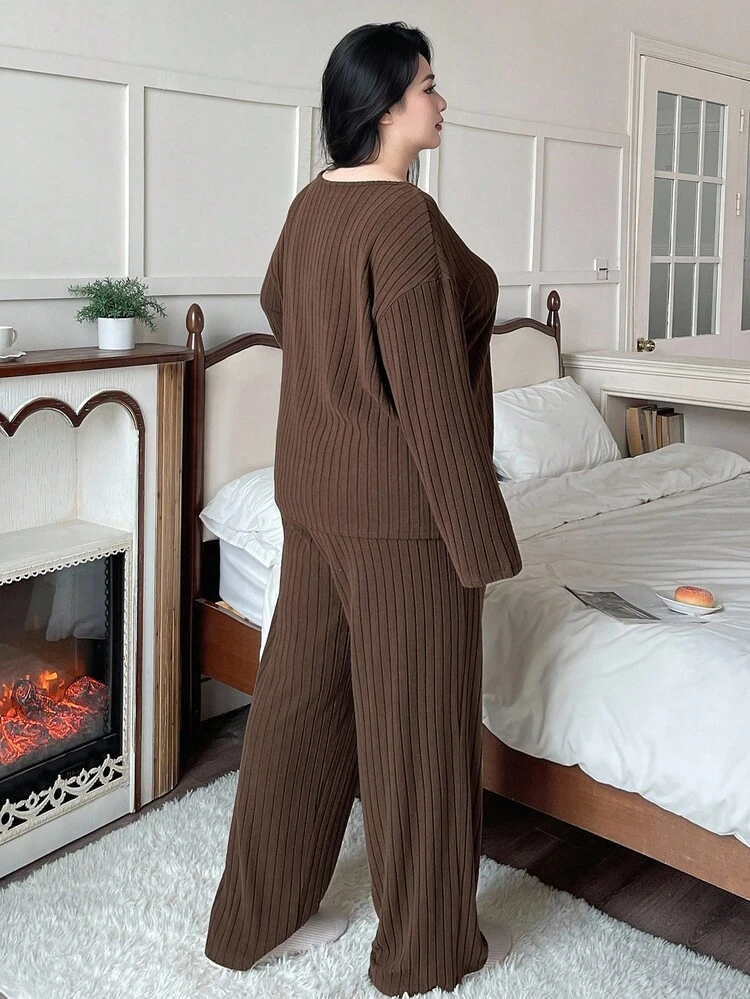 Dazy Plus 2pcs Plus Size Women Loose Casual Pajama Set, Top And Pants, Fall Winter Clothes, Cozy Outfit