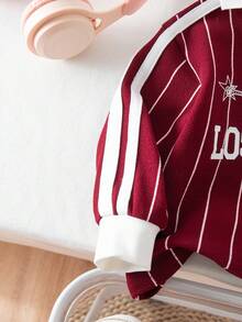 SHEIN Babygirl 可爱运动休闲条纹红色字母图案长袖运动衫 - 紅色 - 查看 4