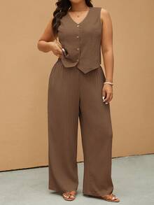 Elaquor Plus Size Solid Color Sleeveless Top And Wide Leg Pants 2 Pieces Set Plus Size Pant Set Women Plus Clothing Jumpsuit Plus Size Summer Outfit Casual Pant Suit Sleeveless Jumpsuit Plus Size
