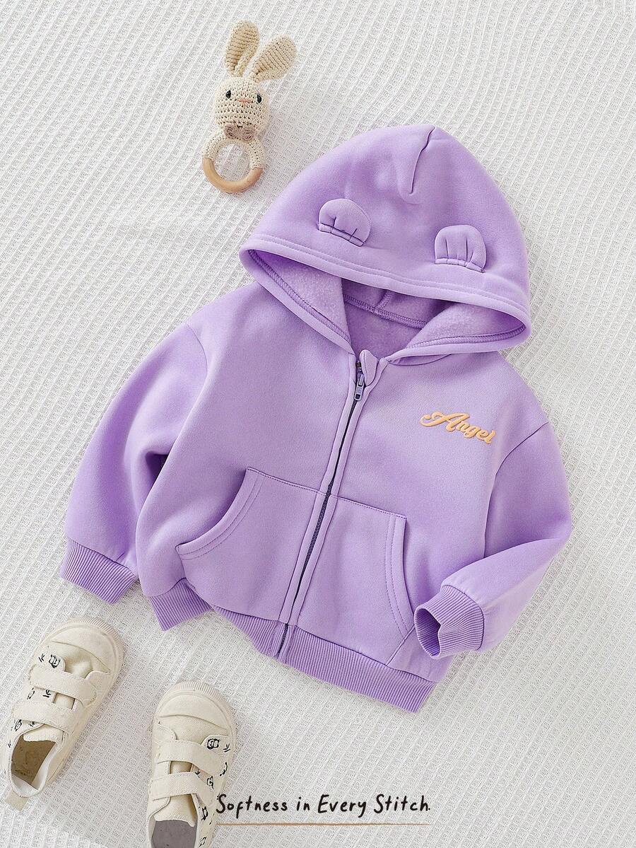 Cozy Pixies Baby Girl Letter Print Versatile Hooded Casual Zip-Up Jacket,In Fall/Winter - Purple - View 1