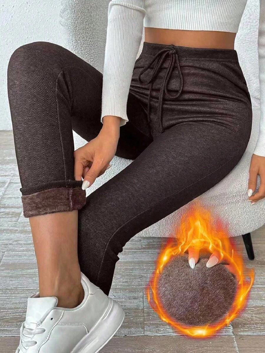 Chiquease Women's Casual High Waist Thermal Lined Leggings, Autumn/Winter - Chocolate Brown - View 1