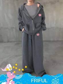 SHEIN X Care Bears FRIFUL 女士秋季水钻印花落肩宽松保暖连帽拉链衫和阔腿裤两件套家居服套装