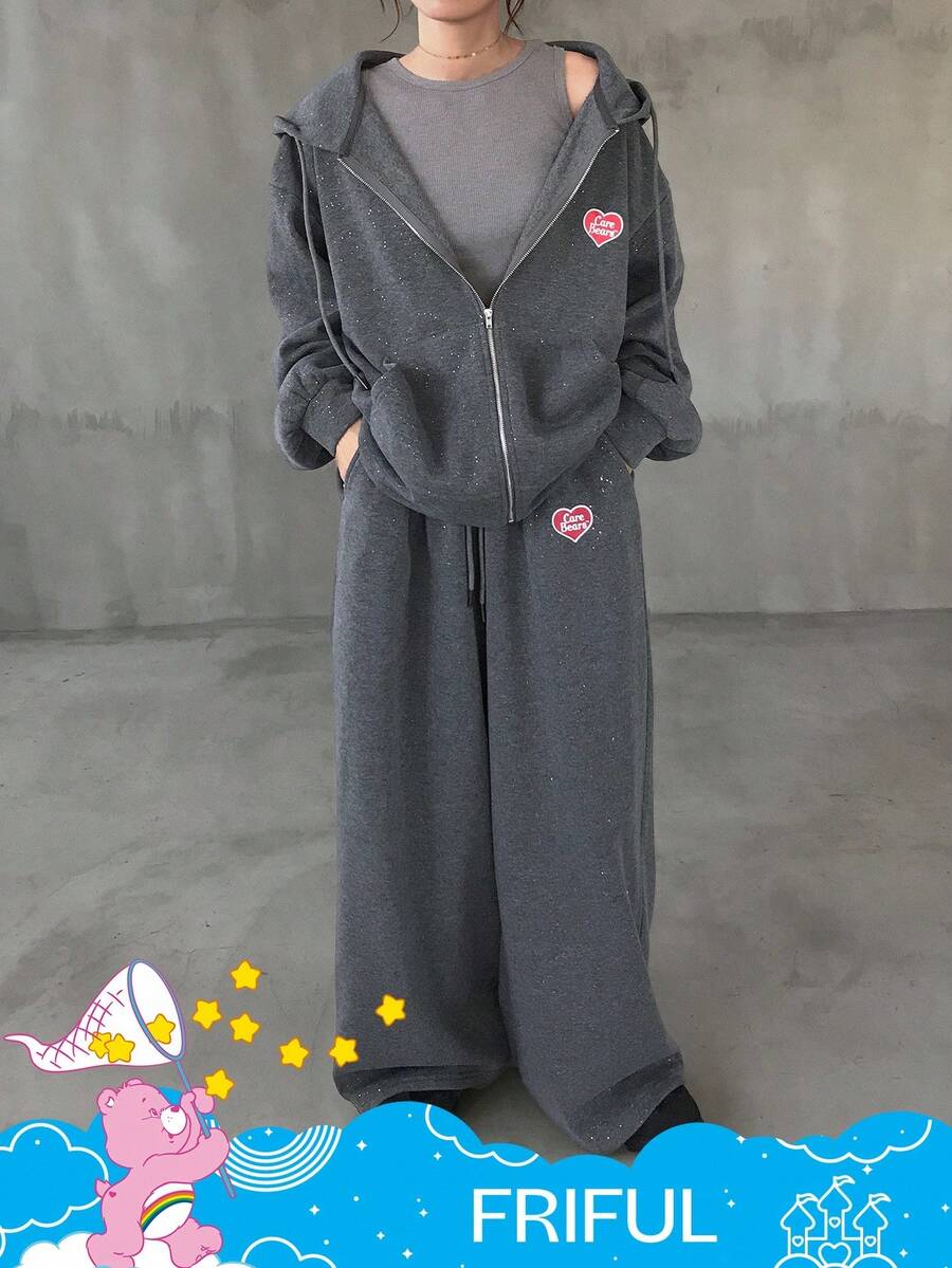 SHEIN X Care Bears FRIFUL 女士秋季水钻印花落肩宽松保暖连帽拉链衫和阔腿裤两件套家居服套装