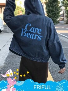 SHEIN X Care Bears FRIFUL Women's Casual Fashion Street Style Heart & Letter Graphic Drop Shoulder Zipper Pockets Splice Hooded Denim Jacket, Spring/Autumn - Blue - View 6