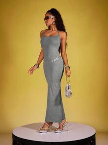 INAWLY Women's Stylish Slim-Fit Long Solid Color Cami Dress For Versatile Look - Grey - View 4