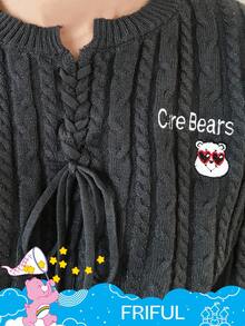 SHEIN X Care Bears FRIFUL Women's Casual Everyday Commute V-Neck Criss-Cross Tie Cartoon Embroidery Cable Knit Sweater