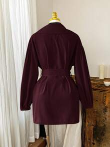 Comfortcana 酒红色纯色立领纽扣领带休闲简约大码风衣法式衣服女秋冬长款外套 - 酒紅色 - 查看 7