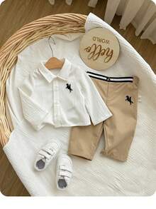 Newborn Baby Boy Casual Cute Versatile White Long Sleeve Shirt And Pants Set - Multicolor - View 5