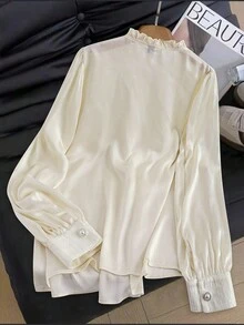 SHEIN Clasi Áo sơ mi dệt dáng rộng, đơn giản và thời trang dành cho nữ đi làm vào mùa thu - Màu be - Xem 2