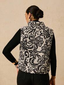 Travachic Chaleco de forro polar con estampado floral bohemio informal con bolsillos para mujer, otoño/invierno, talla grande - Blanco y Negro - Ver 2