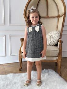 PrepCrw 1 pièce Robe décontractée élégante de style scolaire pour jeunes filles, style urbain, avec décorations de franges et nœuds blancs et noirs, sans manches. Convient pour les sorties, les rassemblements, la rentrée scolaire, l'automne/hiver - Noir et Blanc - Voir 6