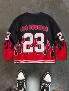 SHEIN 青少年男童休闲日常舒适数字印花图案圆领宽松套头长袖 T 恤 - 黑色 - 查看 2