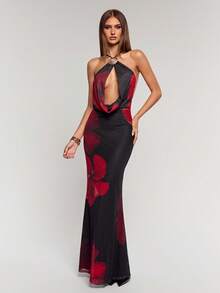 SHEIN BAE 女士时尚性感花卉印花低胸露背连衣裙 - 黑色 - 查看 7