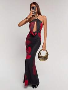 SHEIN BAE 女士时尚性感花卉印花低胸露背连衣裙 - 黑色 - 查看 5