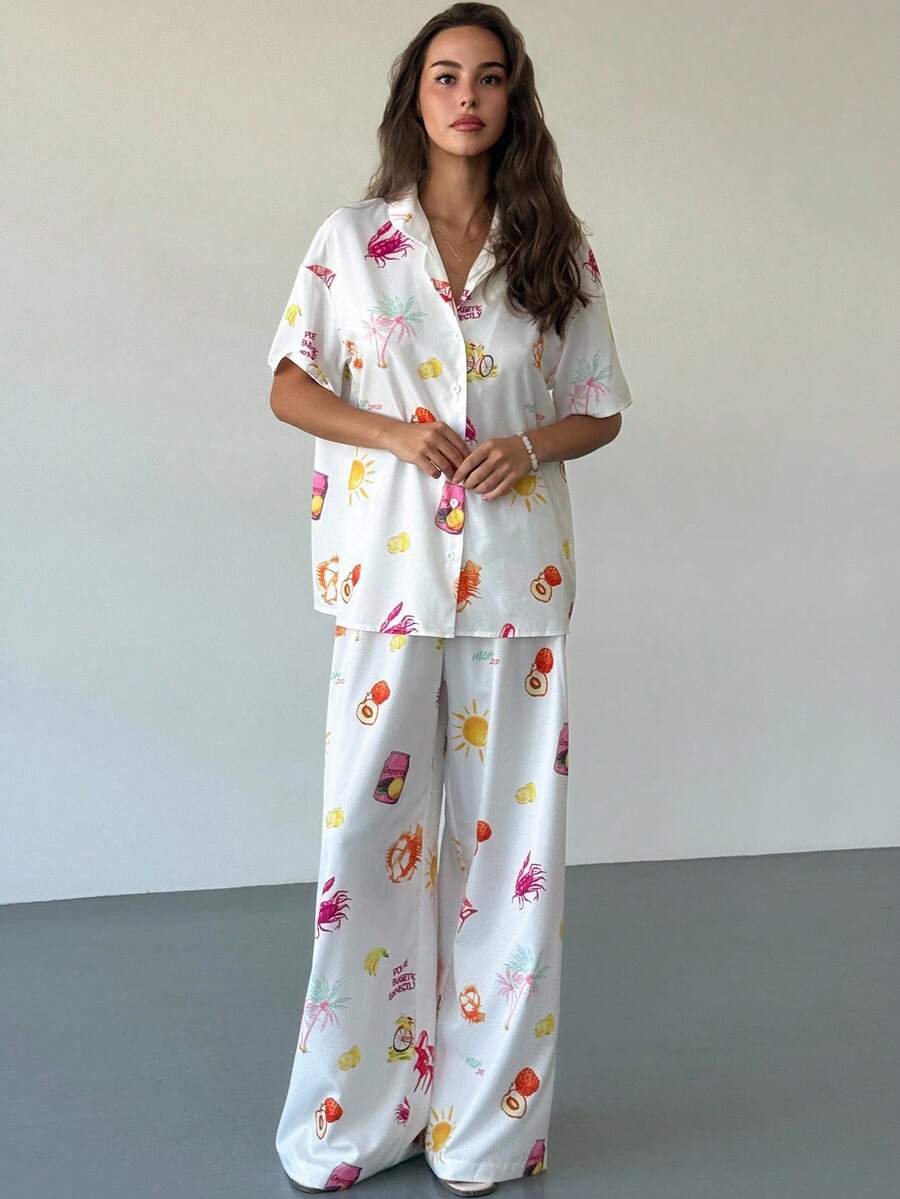Aloruh Women's Vacation Casual Tropical Print Shirt & Pants 2 Pieces Set - Multicolor - View 1