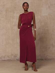 Lumalex VITNOS 秋冬新款高端优雅咖色针织无袖褶皱修身收腰金属扣装饰不对称连衣裙，女秋装，适合演唱会、约会、婚礼、派对、生日 - 酒紅色 - 查看 9