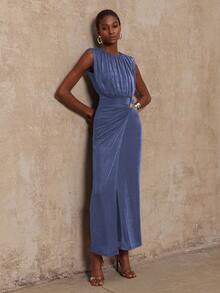 Lumalex VITNOS 秋冬新款高端优雅咖色针织无袖褶皱修身收腰金属扣装饰不对称连衣裙，女秋装，适合演唱会、约会、婚礼、派对、生日 - 霧霾藍 - 查看 3