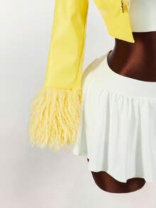 Y2K Amplova 女款卷毛翻领长袖皮草和皮革性感亮色飞行夹克，适合秋冬季派对和学校穿着 - 黃色 - 查看 5