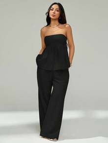 SHEIN PETITE 女士时尚纯色抹胸上衣和裤子两件套 - 黑色 - 查看 3