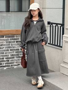 Dazy Kids 2 pezzi/Set Outfit autunnale per ragazze, Abito felpa cargo casual, Moda coreana 2 in 1 Top e Gonna lunga