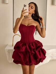 Vowa Elegant Brown Minimalist Strapless Mermaid Hem Puff Skirt With Waist Tie, Suitable For Dates, Vacations, Birthdays, Parties, Graduations, Proms - Burgundy - View 4