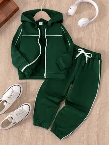 SHEIN Playful Pals 2 件套幼儿男童连帽卫衣和裤子套装，秋冬新款，黑色连帽衫搭配白色撞色条纹，黑色裤子，舒适休闲装，适合日常穿着，适合家庭/兄弟姐妹穿着 - 墨綠色 - 查看 3