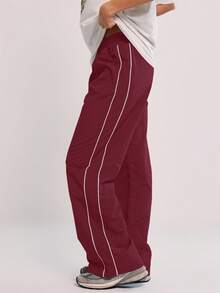 MUSERA 鬆緊腰對比滾邊寬鬆版型長褲 休閒舒適街頭風 優雅春夏季 - 酒紅色 - 查看 3