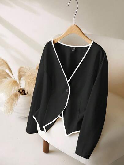 CosyJoli 大码休闲撞色V领不对称西装外套女款黑色西装外套女款西装外套女款黑色开衫黑色西装外套配白色饰边短款西装外套女款