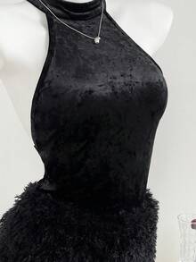 Elamini 女式黑色毛绒露背紧身迷你连衣裙，高端拼接毛茸茸下摆性感派对俱乐部连衣裙 - 黑色 - 查看 4