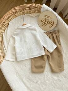 Newborn Baby Boy Casual Cute Versatile White Long Sleeve Shirt And Pants Set - Multicolor - View 2