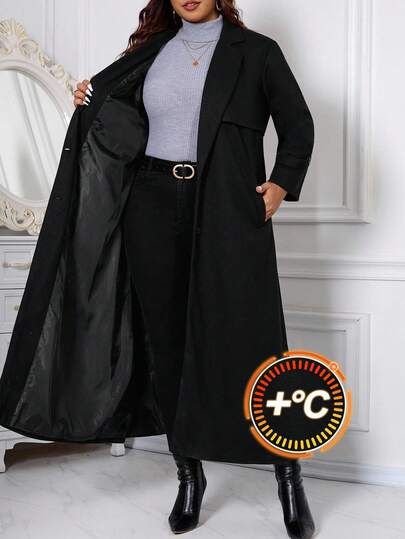 Reflora Plus-size effenkleurige reverskraag, lange mouwen, enkelrijs, lange, casual wollen jas voor dames, herfst/winter