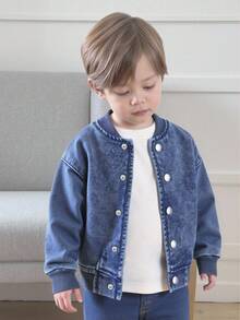 SHEIN Playful Pals 男宝宝针织牛仔棒球夹克，复古街头休闲学院风推荐