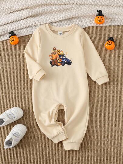PrepCrw 1pc Baby Boys/Girls Elegant City Style Puppy Print Beige Crew Neck Long Sleeve Jumpsuit, Suitable For Casual Daily Wear, Outings, Gatherings, Autumn And Winter,Halloween,Fall Outfits,Fall Clothes For Baby,Stitch,Winter Clothes ,Winter Clothes For Kid,ElegantCasual,HalloweenEdit