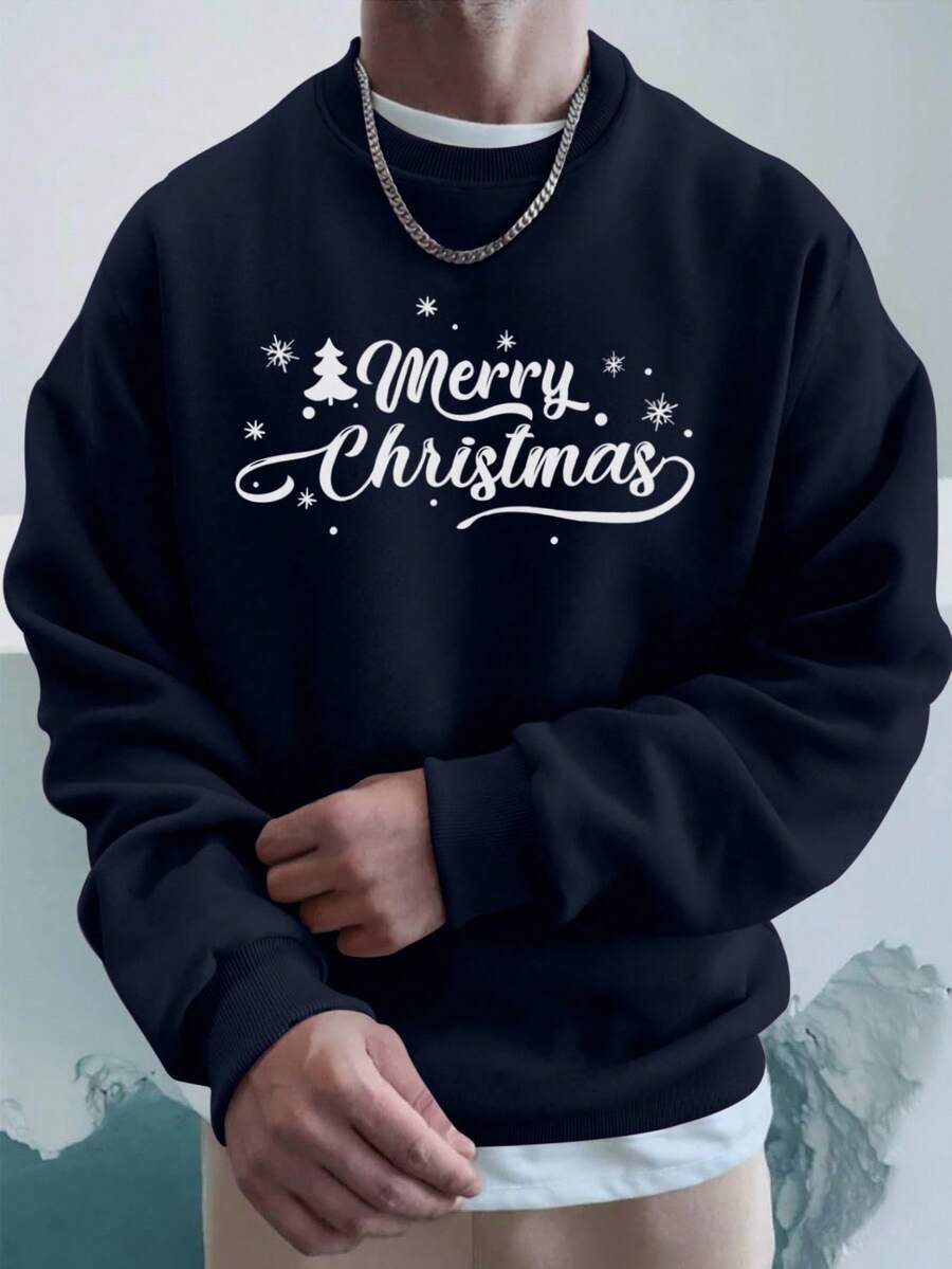 SHEIN Cottnline Cotton Men 1pc Christmas Print Drop Shoulder Sweatshirt - Navy Blue - View 1