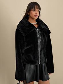 CLARA VERO Faux Fur Jacket With Wide Collar, Front Zipper Closure, Soft And Plush Texture, Warm Winter Outerwear - Black - View 4