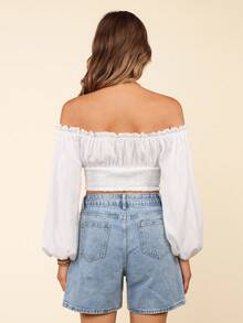 Coeurva Off Shoulder Lantern Sleeve Shirred Hem Blouse - White - View 5