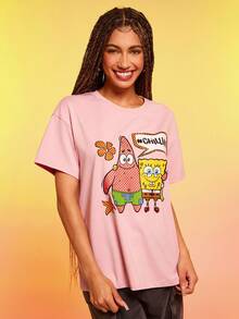 SpongeBob SquarePants | SHEIN 女式字母与卡通图案圆领短袖T恤 - 粉色 - 查看 7