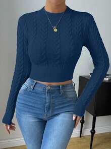 Zielony 女式秋季麻花图案圆领长袖短款修身毛衣 - 水鴨藍 - 查看 5