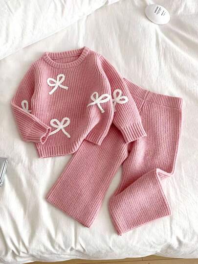 Genkimix Kids Nytt, trendigt och mångsidigt set med söt rosettdekoration för flickor, tröja och utsvängda byxor i 2 delar