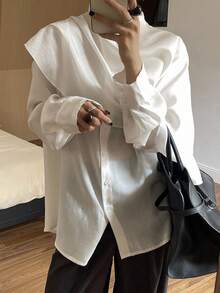 Livesso Women's Loose Chiffon Blouse, Casual Business Office Wear, Long Sleeve, Shawl Collar, Suitable For Spring, Summer, Autumn