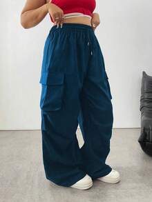 SHEIN Tall Quần túi hộp rộng rãi màu trơn cỡ lớn - Màu xanh hải quân - Xem 6