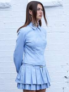 COUREZ Áo khoác ngắn ôm dáng / Phong cách Y2K mùa thu dành cho nữ, áo kiểu dễ thương, áo đi chơi, áo khoác mùa đông - Màu xanh nhạt - Xem 4