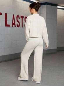 Sparklyn Teen Girl Casual Set: Solid Color Drop Shoulder Long Sleeve Sweater And Knit Pants, Autumn Co-Ord Set Girls Pants And Top Set Flare Pants Sets Teenagers Two Pieces Knit Set Sweater Pants Set Women Co-Ord Set Girls Fall Winter Co Ord Set Girls Women Two Pieces Set Sweatshirt Straight Pants Suit - Beige - View 2