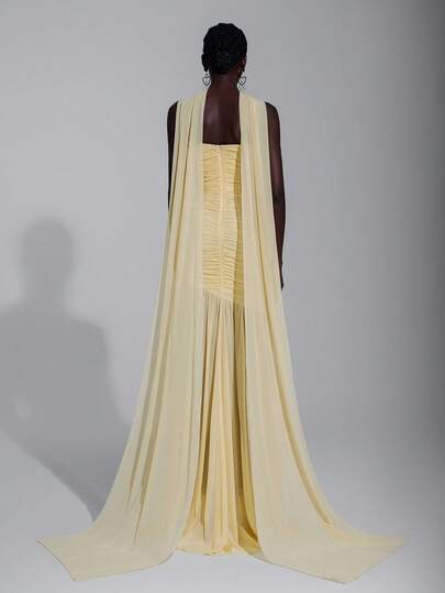 Elitara Elegant Cream Yellow Simple & Chic Chiffon Halter Neck (Detachable Sequins) Bust Ruched Hem Mesh Sheer Fishtail Dress, Suitable For Dates, Vacation, Weddings, Bridesmaid Events