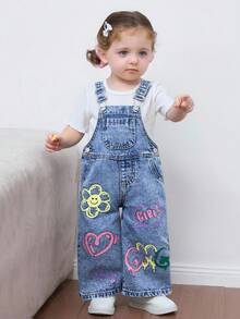 Quần yếm denim xanh cho bé gái có họa tiết hoa mặt cười Graffiti - Rửa nhẹ - Xem 5