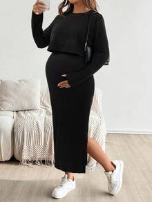 SHEIN 孕妇纯色圆领短袖上衣和裙子两件套 - 黑色 - 查看 5