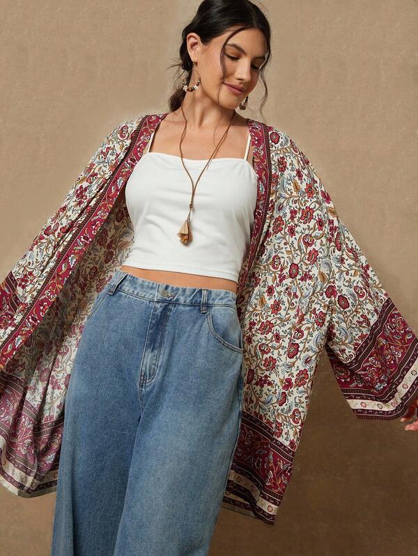 Freevana Kimono de estampado floral de frente abierto para vacaciones, talla grande para mujer